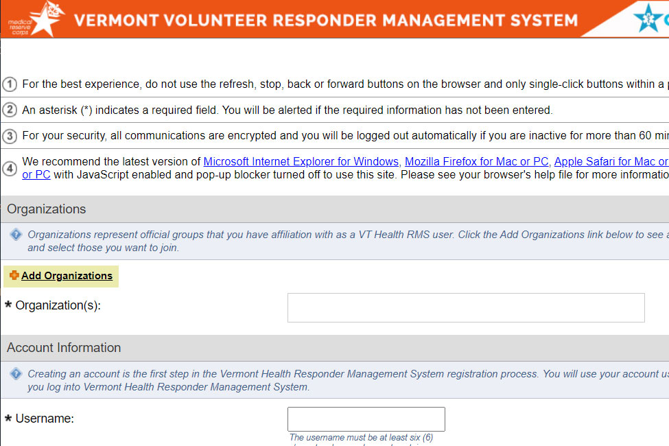 Registration Step 1: A screenshot of the registration form with the 'Add Organization' link highlighted.