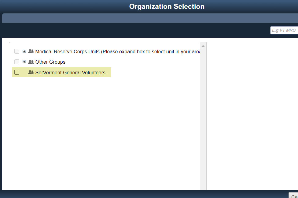 Registration Step 2: A screenshot of the registration form modal with the checkbox for the 'SerVermont General Volunteers' organization highlighted.