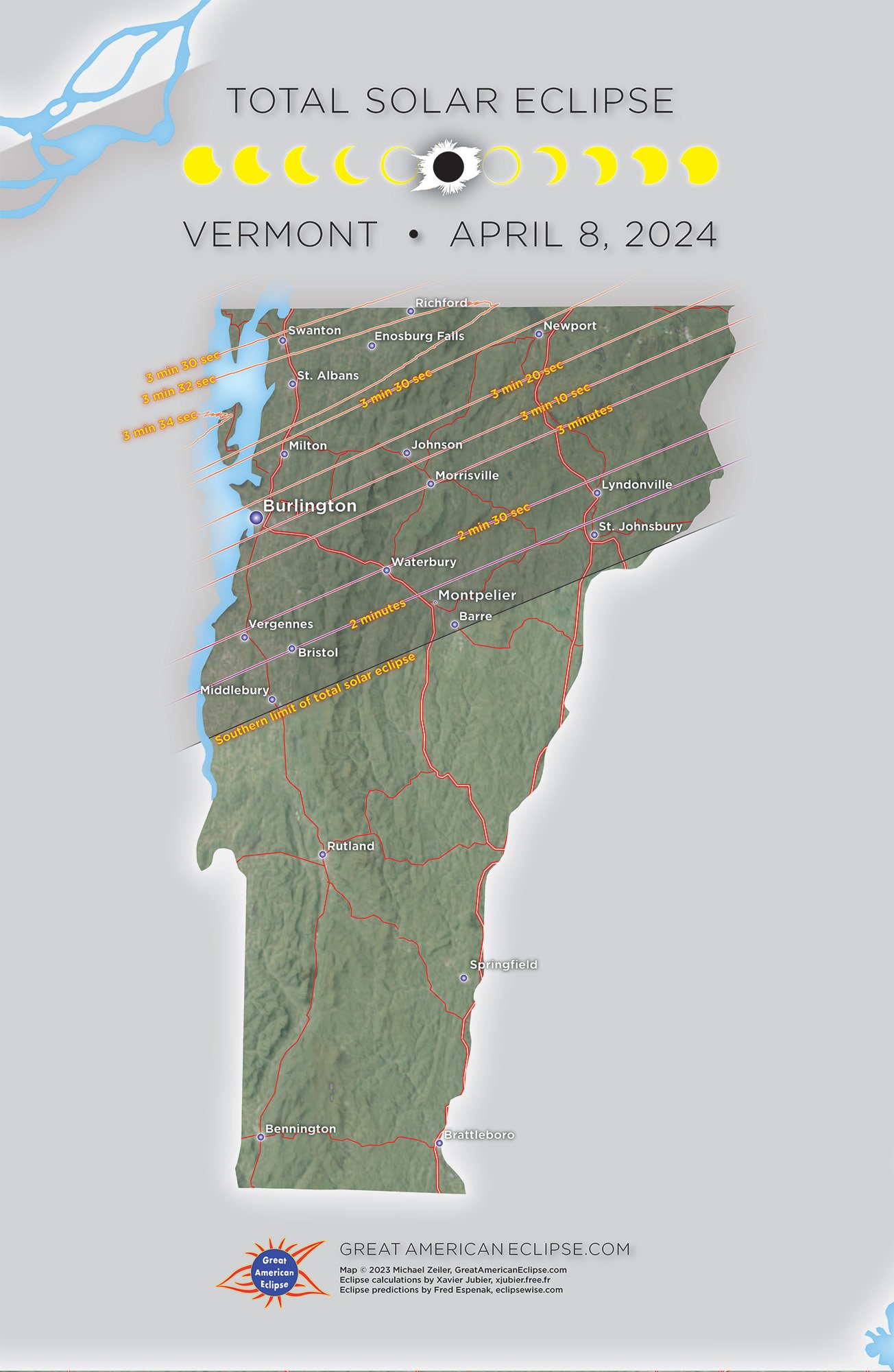 Map of Vermont where the eclipse can be seen